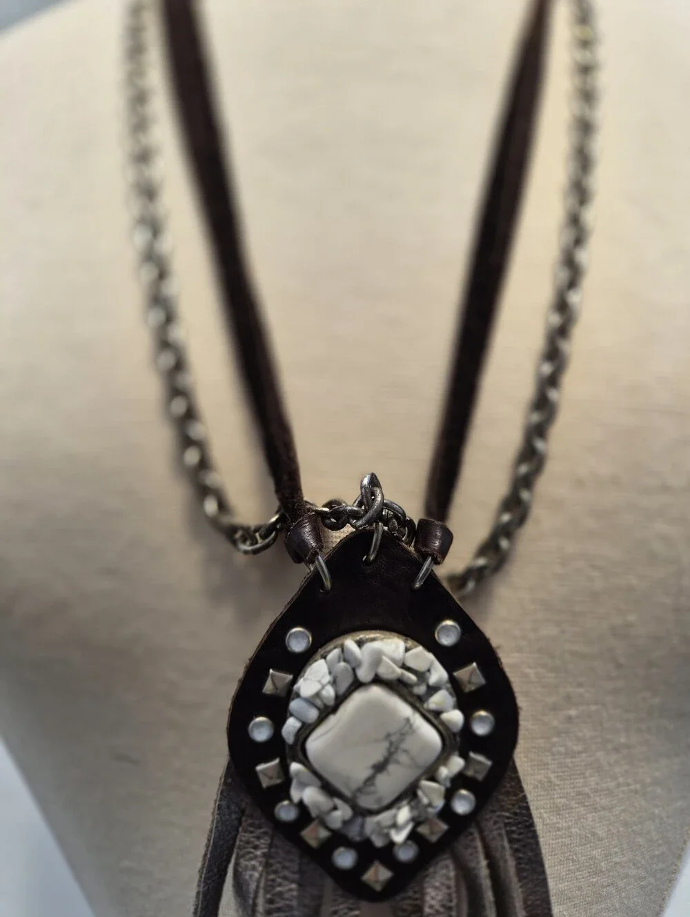 Leatherock Western Rocker Fringe Necklace White Stone Studded Black Leather Cord